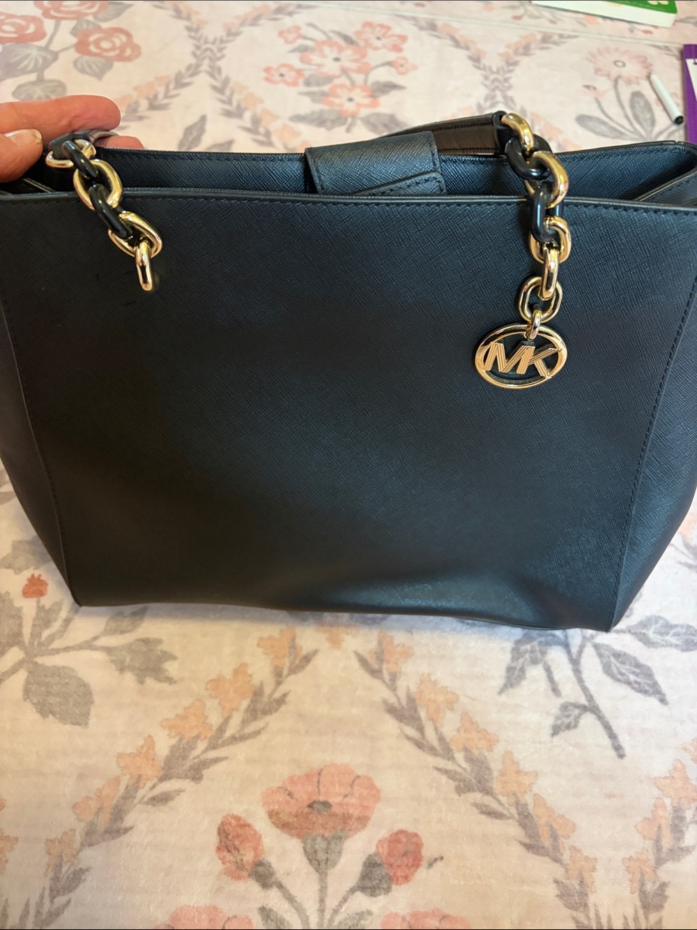 Michael Kors Black Saffiano Tote with Gold-Tone Chain and MK Charm